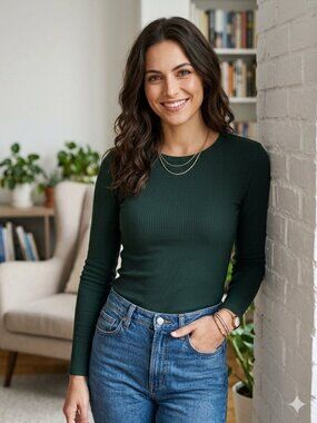 Old Navy Dark Green Ribbed Long Sleeve Crew Neck Top - Size S